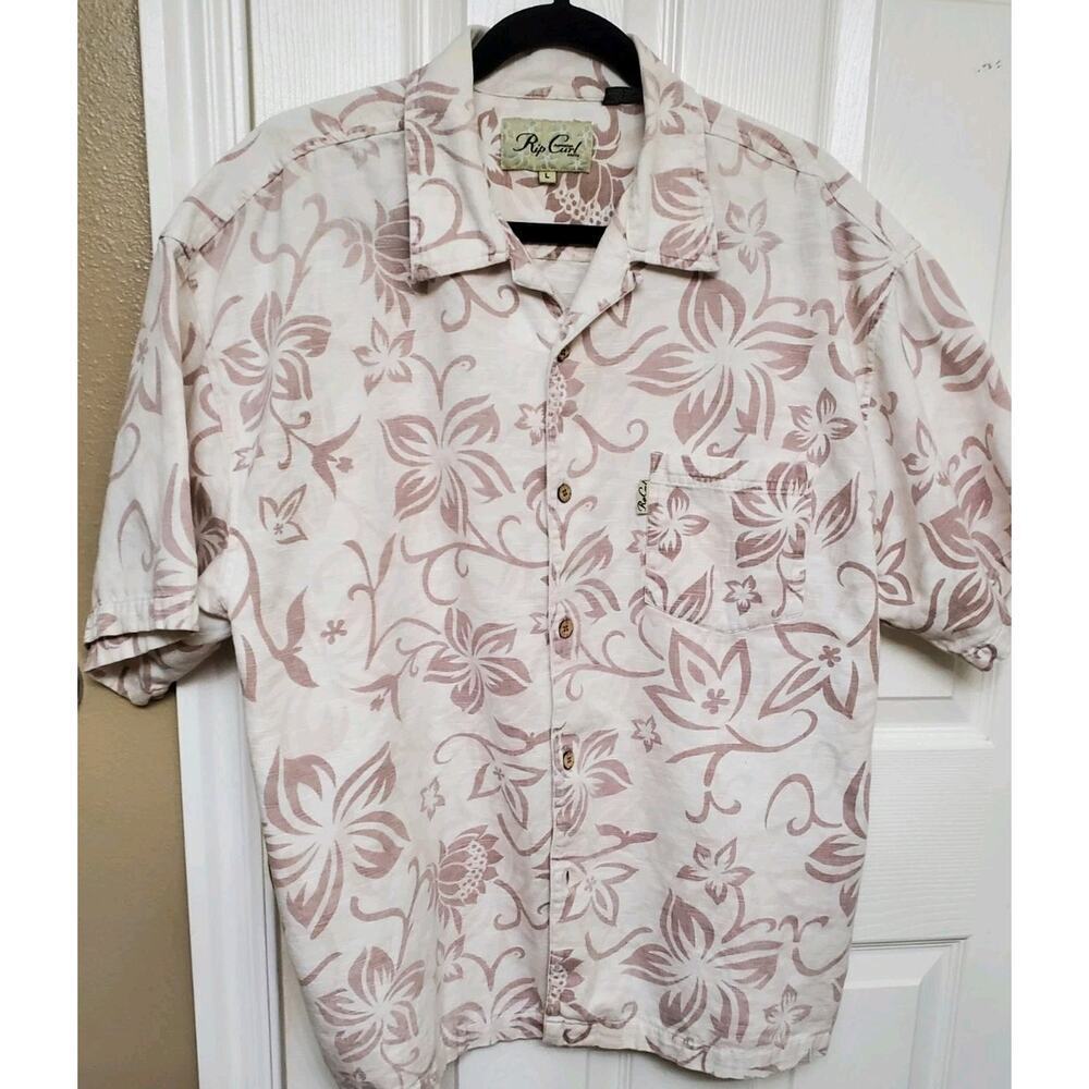 Rip Curl Hawaiian Shirt Mens L Floral Print White Tan Surf Cotton Button Up